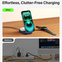 Belkin MagSafe Charger, Compatible 2-in-1 Charging Station, Qi2.2 25W Magnetic Wireless Charger iPhone, Foldable Stand, with 5W USB-C Port, for iPhone 17/16/15, Pixel 10, AirPods, 45W Adapter Included