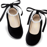 PHIRAMIN Toddler Flower Girl Velvet Black Dress Shoes - Little Girl Ballet Flats Size 7 Pearl Wedding Party