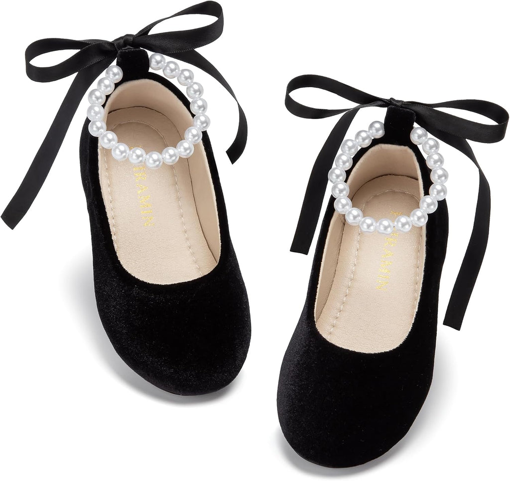 PHIRAMIN Toddler Flower Girl Velvet Black Dress Shoes - Little Girl Ballet Flats Size 5 Pearl Wedding Party
