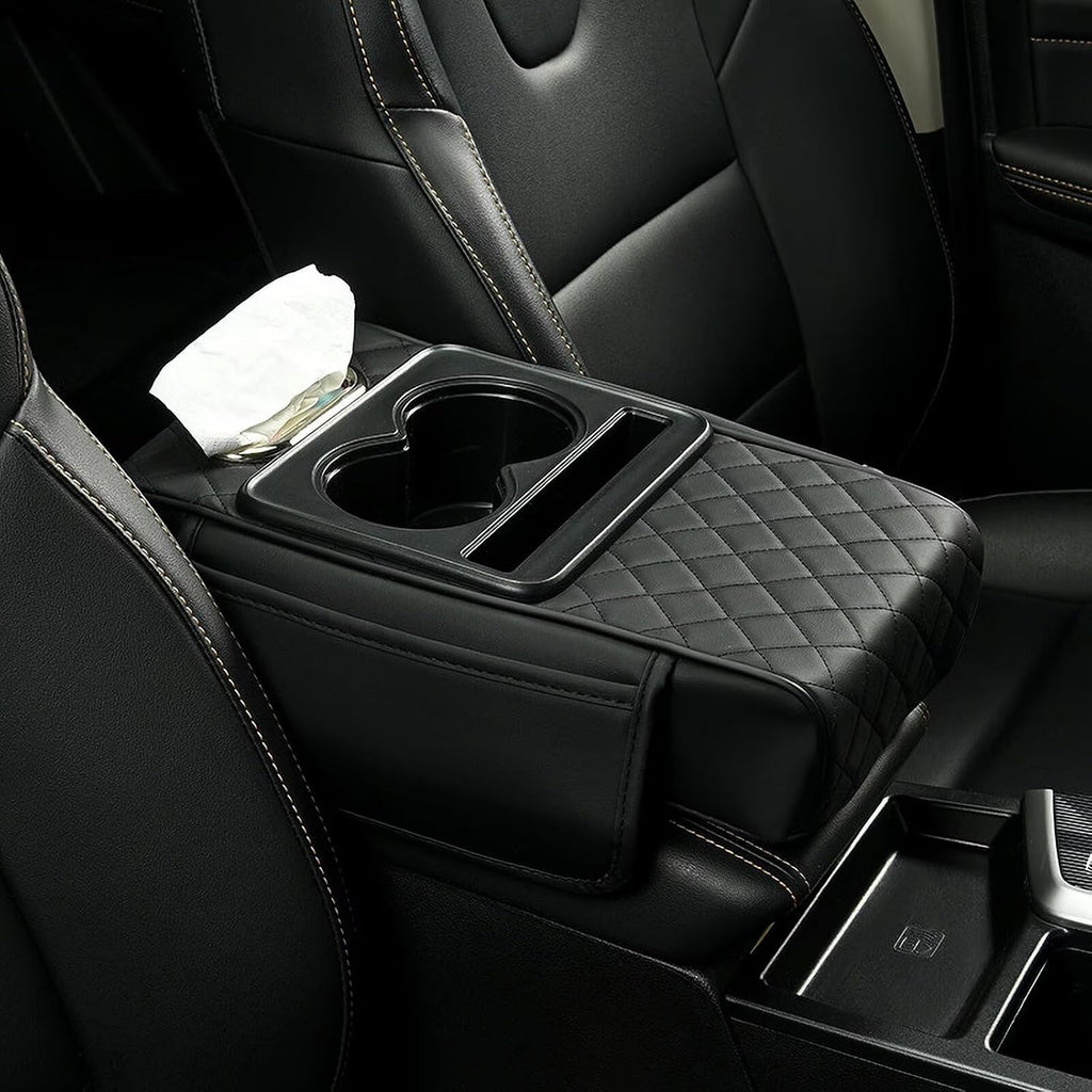 BNMFFYU Car Armrest Cushion Fit for Cadillac XT4: Fuax Leather Center Console Cover with Cup Holder, 2 Storage Bags, Phone Slot and Tissue Box Slot, Middle Console Organizer(005# Black)