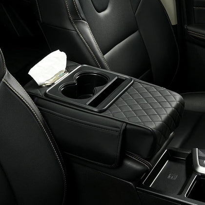 BNMFFYU Car Armrest Cushion Fit for Cadillac XT4: Fuax Leather Center Console Cover with Cup Holder, 2 Storage Bags, Phone Slot and Tissue Box Slot, Middle Console Organizer(005# Black)