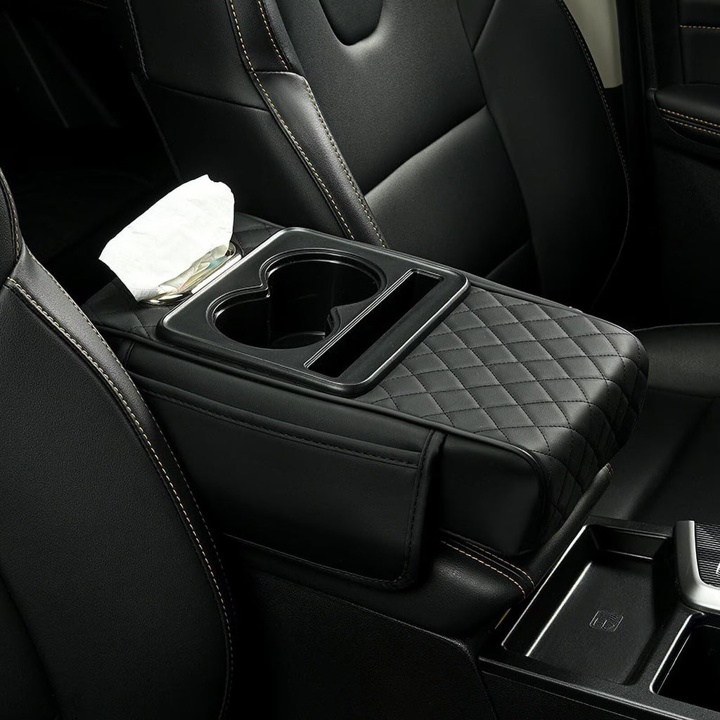 BNMFFYU Car Armrest Cushion Fit for Jeep Renegade: Fuax Leather Center Console Cover with Cup Holder, 2 Storage Bags, Phone Slot and Tissue Box Slot, Middle Console Organizer(005# Black)