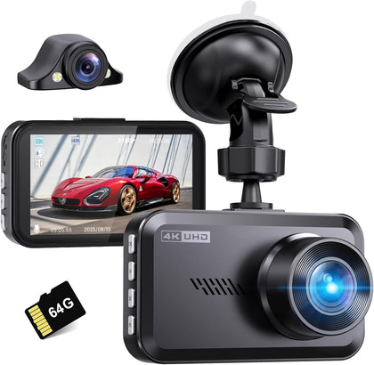 Miden 4K+2.5K Dash Cam Front and Rear,Free 64G SD Card,2160P+1600P UHD Dual Dash Camera for Cars,176°+160°Wide Angle,3.5 ''IPS Screen Dashcam,Loop Recording,G-Sensor,Night Vision,24H Parking Monitor