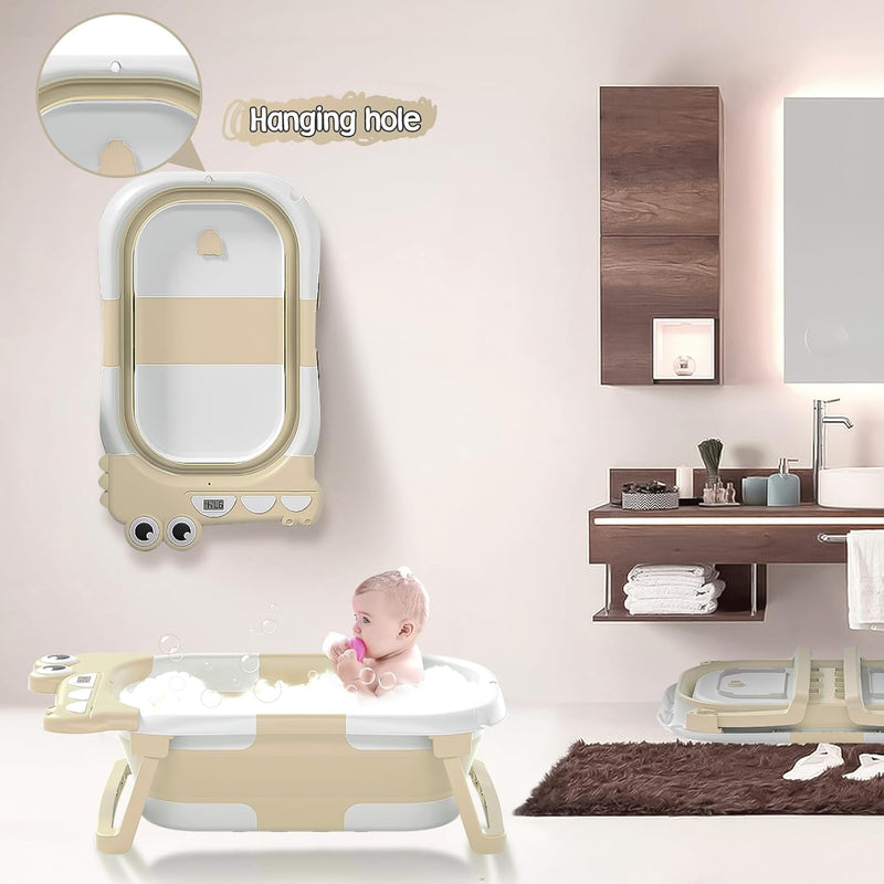 Tavlshero Bañera Plegable para Bebé con Termómetro y Cojín Flotante Beige