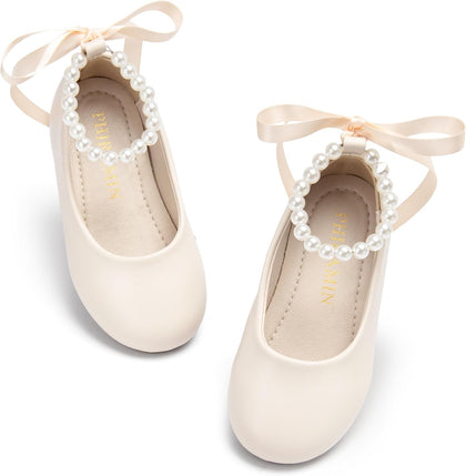 PHIRAMIN Toddler Flower Girl Faux Leather Beige Dress Shoes - Little Girl Ballet Flats Size 11 Pearl Wedding Party