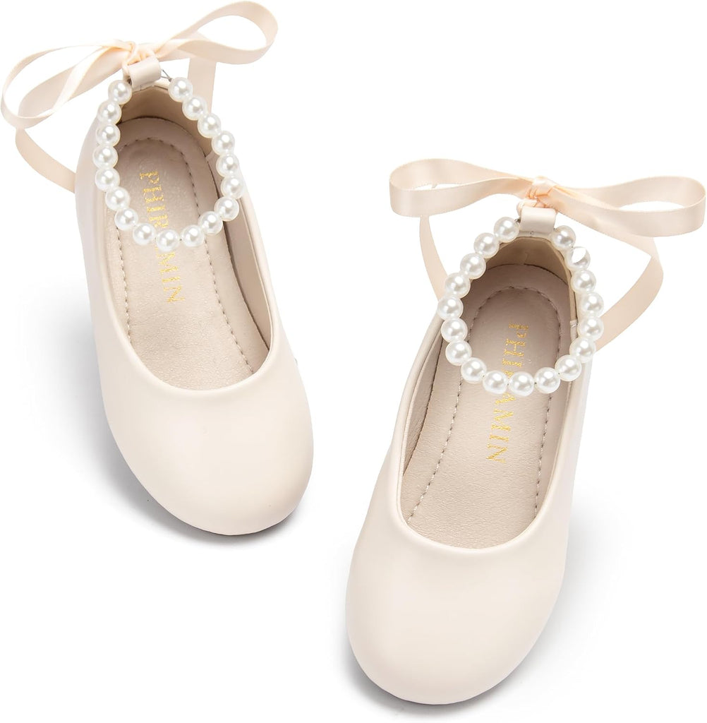PHIRAMIN Toddler Flower Girl Faux Leather Beige Dress Shoes - Little Girl Ballet Flats Size 9 Pearl Wedding Party