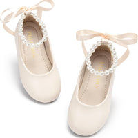 PHIRAMIN Toddler Flower Girl Faux Leather Beige Dress Shoes - Little Girl Ballet Flats Size 9 Pearl Wedding Party