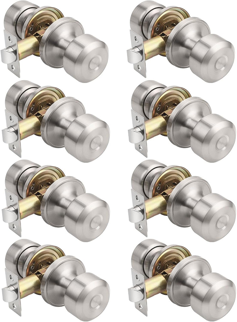 KNOBWELL Brushed Nickel Closet Door Knob, Interior Door Knobs with Cylindrical Shape Knob for Passage, Hallway Doors, Keyless Non-Locking Indoor Door Handle, 8 Pack