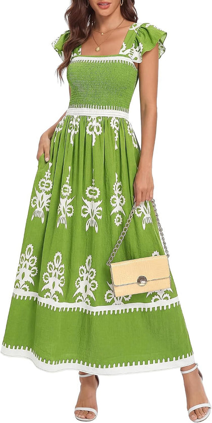 BTFBM Summer Dresses for Women 2026 Casual Floral Boho Sleeveless Square Neck A Line Flowy Beach Maxi Sundress Pockets(Green Flower, Small)