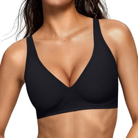 OEAK Womens Jelly Bras Wireless Deep V Comfy Push Up Tshirt Bras BLK L+