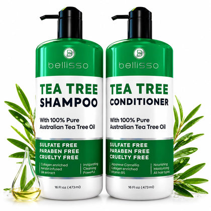 Tea Tree Shampoo and Conditioner Set – with 100% Pure Australian Tea Tree Oil - Anti Dandruff Sulfate and Paraben Free - Dry Scalp Treatment with Keratin, Vitamin B5, Collagen for Women and Men