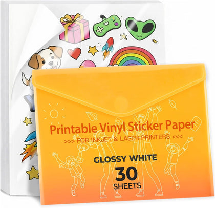 JANDJPACKAGING Printable Vinyl Sticker Paper, Glossy White, 8.5
