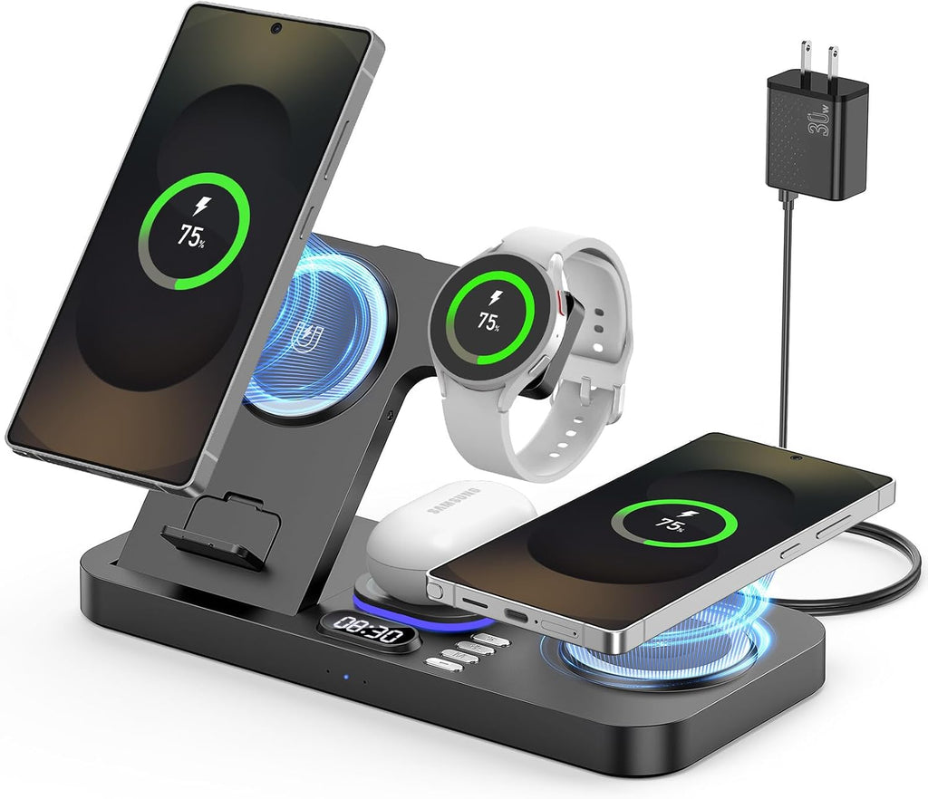 YiJYi Magnetic Wireless Charger for Samsung, 6 in 1 for Samsung Charging Station,30W Dual Phone with Auto-Switch 7-Color Light & Clock,for Samsung S26,for Galaxy Buds for Samsung Galaxy Watch