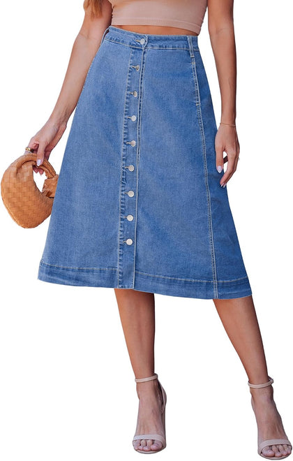 luvamia Jean Skirts for Women Trendy Midi Length A Line Skirt Womens with Pockets Skirts for Women Denim Button Down Western Outfit Classic Blue Size X-Large US 16 to 18