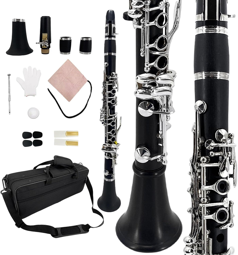 YoungMonic Ebonite Wood E Flat Clarinet with Nickel-Plated Keys for Orchestral Performance Professional Black E Clarinets with Padded Carry Box & Full Maintenance Kits(n1)
