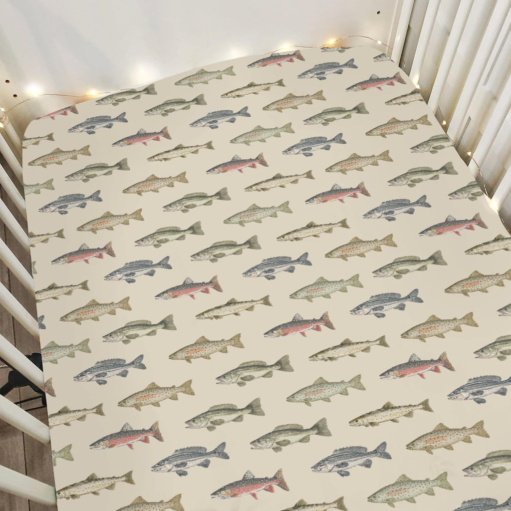 Lake Fishing Baby Crib Sheets for Boy Girl 52"x28" Freshwater Fishes Soft Snug Fitted Crib Mattress Covers Hunting Camping Nursery Baby Sheet for Crib & Toddler Bed Mattress Fishing Lover Gift
