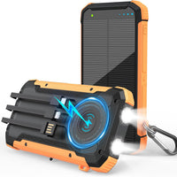 Solar Power Bank 20000mAh, Portable Charger with Built-in 3 Cables (USB-C/Lightning/Micro-USB), 15W Fast Charge, Battery Pack for iPhone Samsung Android, Solar for Emergency Only, Perfect for Camping