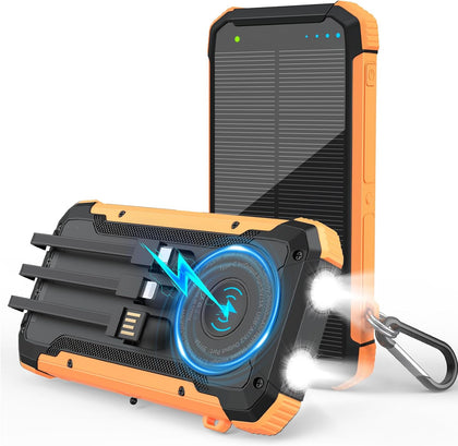 Solar Power Bank 20000mAh, Portable Charger with Built-in 3 Cables (USB-C/Lightning/Micro-USB), 15W Fast Charge, Battery Pack for iPhone Samsung Android, Solar for Emergency Only, Perfect for Camping