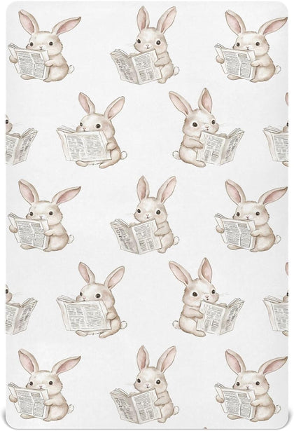 Bunny Reading Newspapers Crib Sheets for Boys Girls,Fitted Crib Sheets for Toddler,Baby Nursery Sheet for Cribs,Soft 39