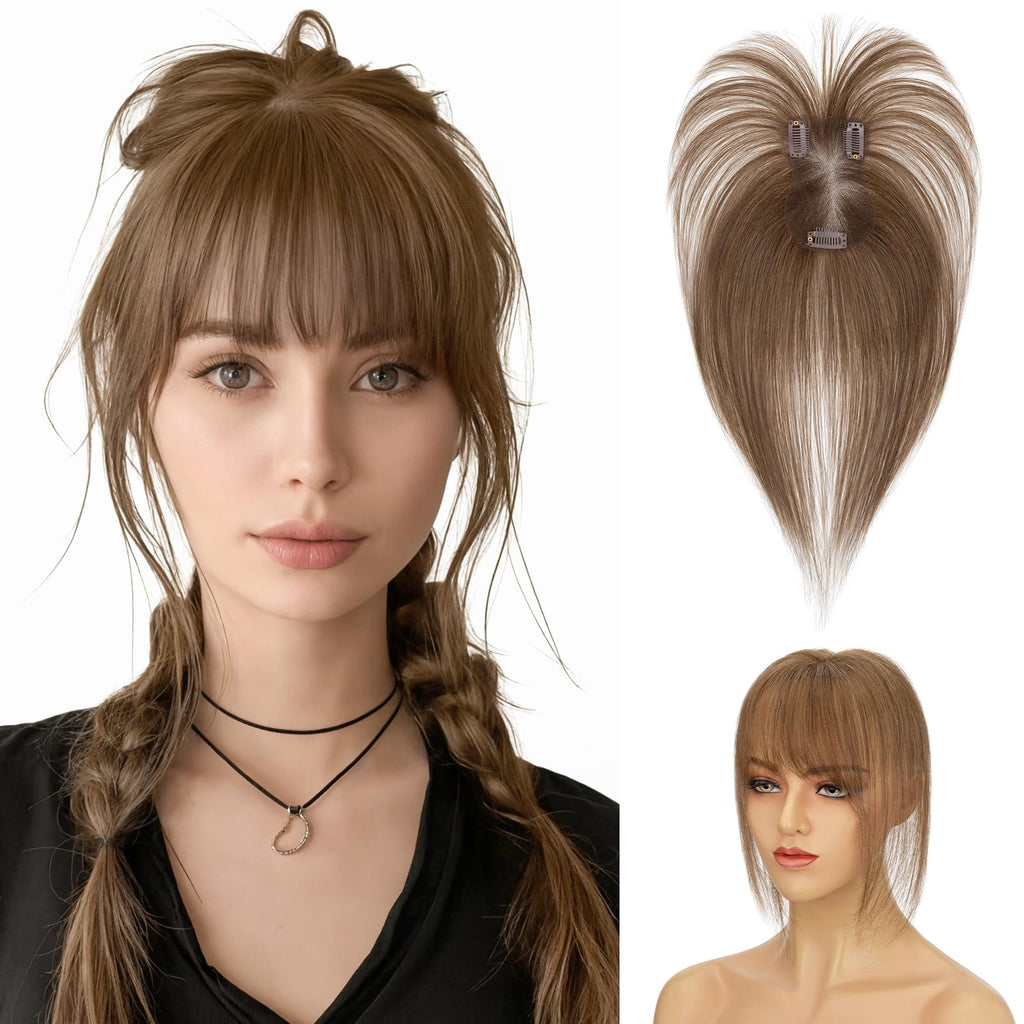 Hairro Clip In Bangs Short Hair Toppers For Women 3D Cover Remy Human Hair Wispy Thin Topper Hairpieces Clip On Fake Air Bang 11 Inches 14g #04 Medium Brown