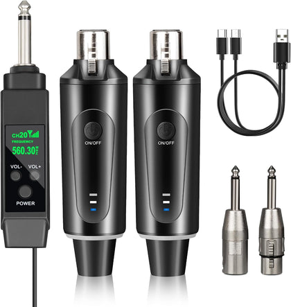 Depusheng 2.4GHz Wireless Microphone System Transmitter & Receiver with Volume Adjustment, Low Latency, Rechargeable, 150ft Range, Easy Pairing for PA System, Audio Mixer (Two Transmitter)