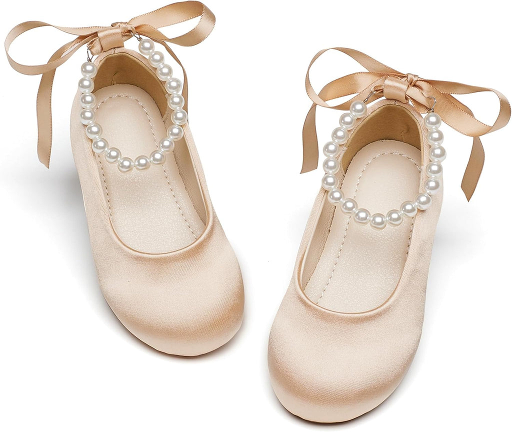 PHIRAMIN Toddler Flower Girl Satin Champagne Dress Shoes - Little Girl Ballet Flats Size 6 Pearl Wedding Party