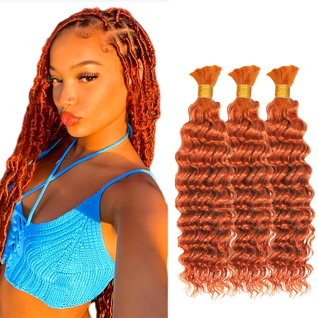 350 Ginger Orange Deep Wave Human Braiding Hair for Boho Braids 20 20 20 Inch Knotless Virgin Orange Deep Curly Bulk Human Hair Extensions for Braiding 150g 3 Bundles/Pack