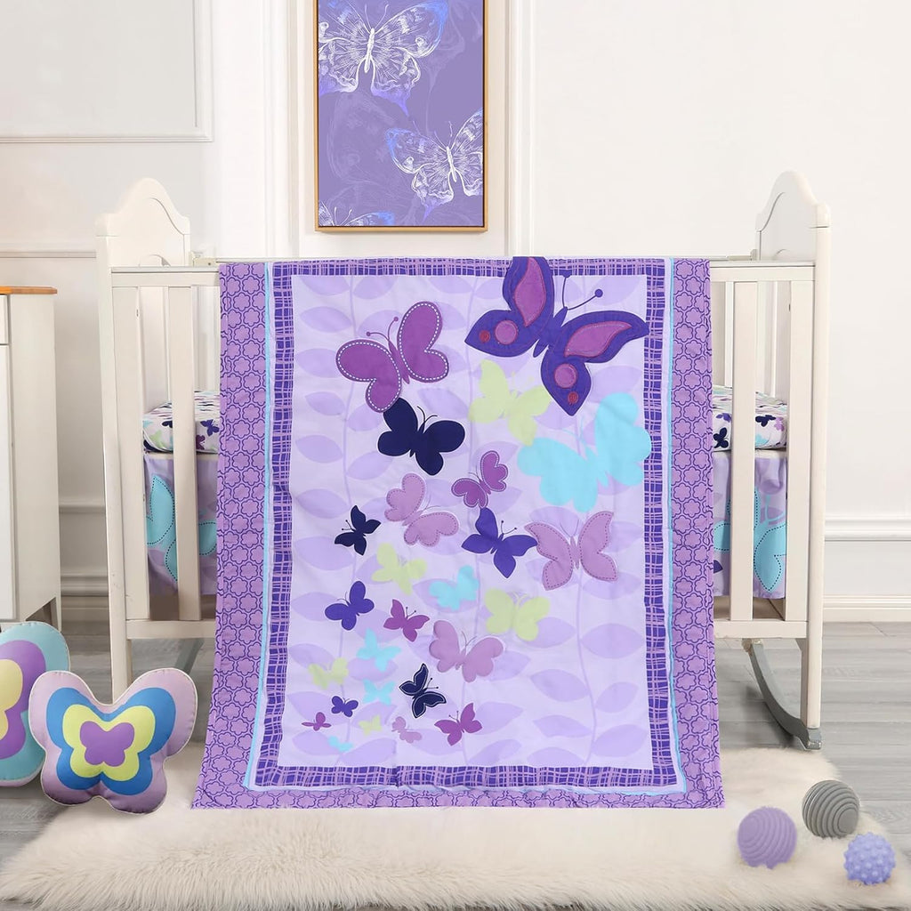 Wowelife Butterfly Mini Crib Bedding Set, 3 Piece Baby Bedding Set Butterfly, Mini Crib Nursery Bed Set, Breathable and