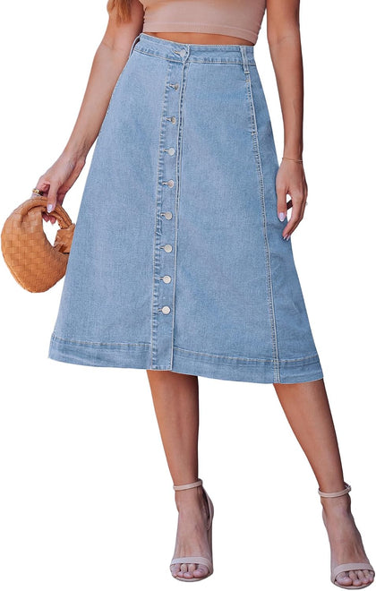 luvamia Jean Skirts for Women Trendy Midi Length A Line Plus Size Skirt Western Denim Midi Skirts Button Down Faldas Modern Blue Size XX-Large US 20 to 22