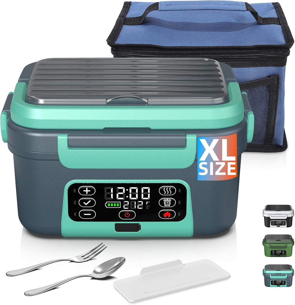 Omboos Cordless Electric Heated Lunch Box, XL 6.3Cups Rechargeable Food Warmer Lunch Box with Self Heating, Smart Timer, Adjustable Temperature, Leakproof, BPA Free, Removable Divider