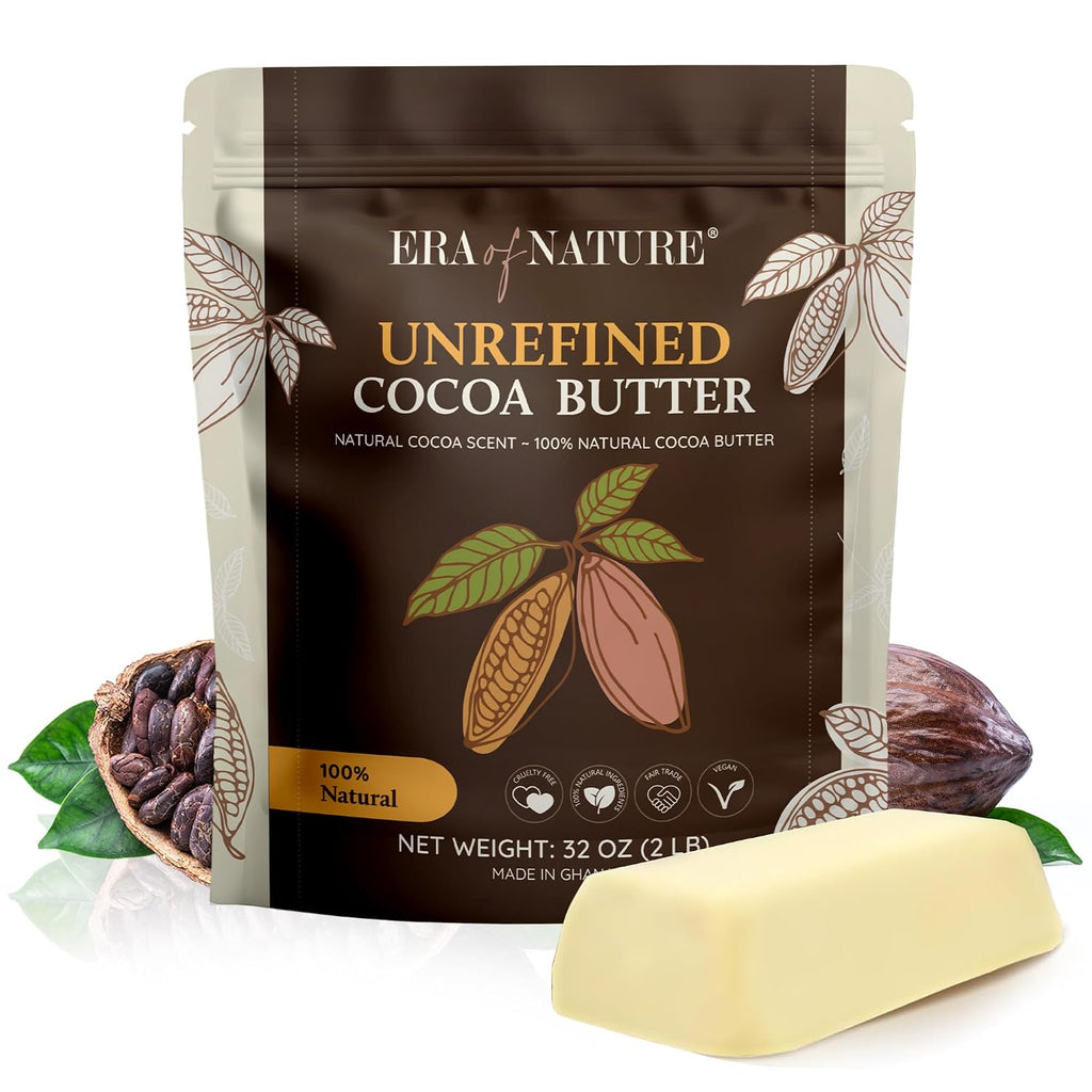 Era of Nature Cocoa Butter Raw – 100% Pure & Unrefined, Cold-Pressed Cacao – For DIY Skincare & Haircare – Deep Hydration for Skin, Hair, Lips – Stretch Mark & Scar Care – Natural Chocolate Scent, 8oz