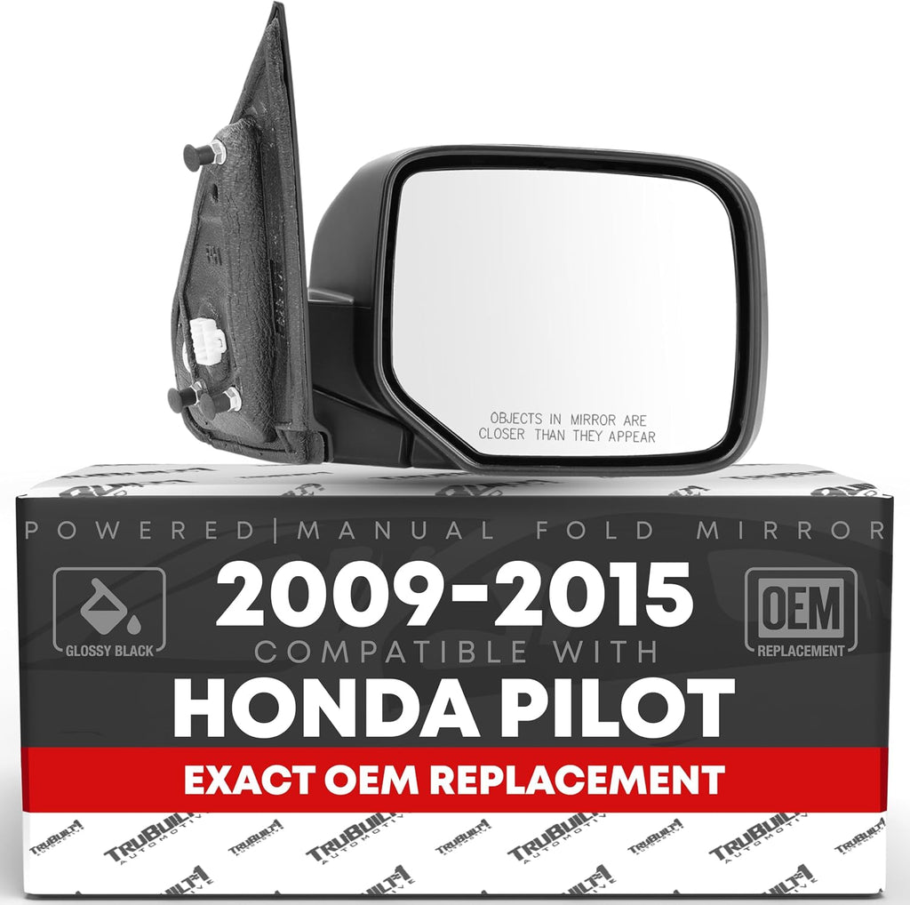 Passenger Side Mirror Replacement - Compatible with 2009-2015 Honda Pilot - Powered Adjustment, Heated, Manual Fold, Convex Glass - Smooth Black, 16H5P - OEM 76208SZAA11ZF, HO1321248