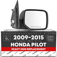Passenger Side Mirror Replacement - Compatible with 2009-2015 Honda Pilot - Powered Adjustment, Heated, Manual Fold, Convex Glass - Smooth Black, 16H5P - OEM 76208SZAA11ZF, HO1321248