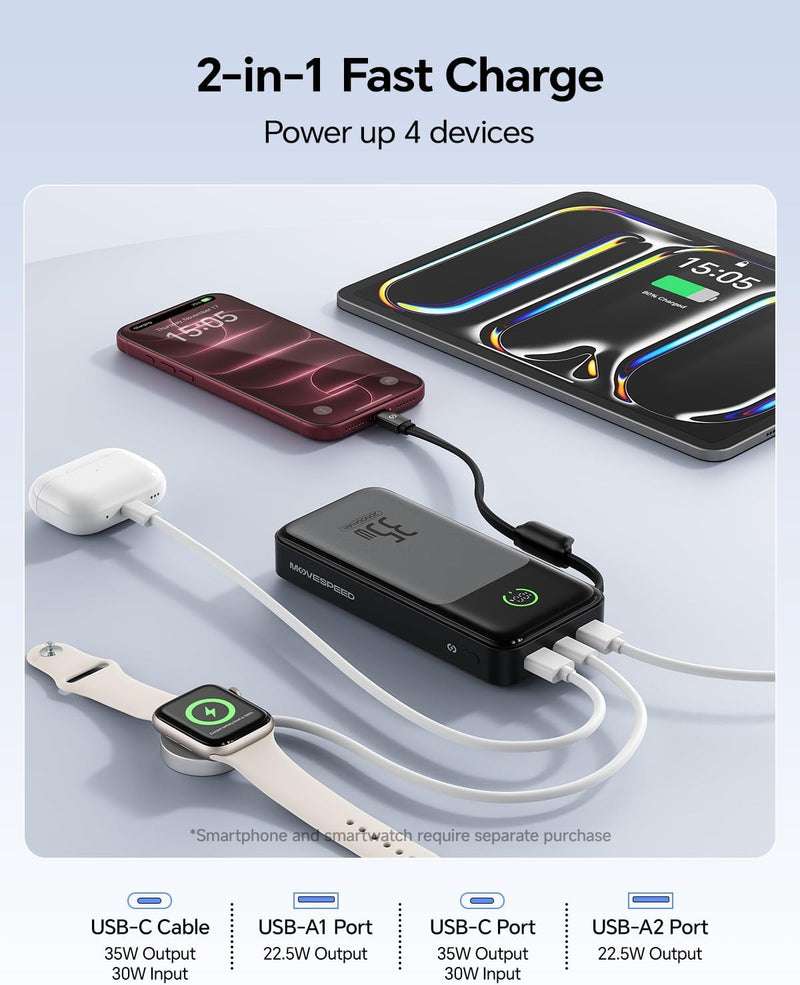 MOVE SPEED 35W Portable Charger, 20000mAh Power Bank,Built in USB-C Cables