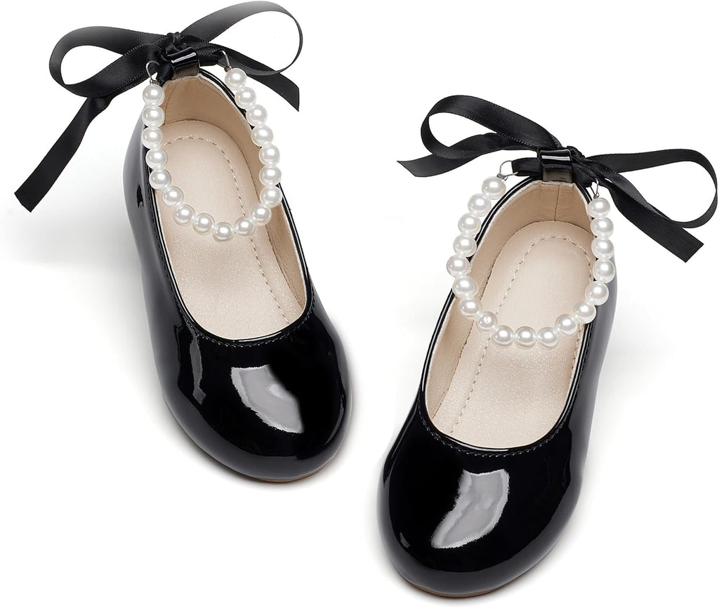 PHIRAMIN Toddler Flower Girl Patent Black Dress Shoes - Little Girl Ballet Flats Size 13 Pearl Wedding Party