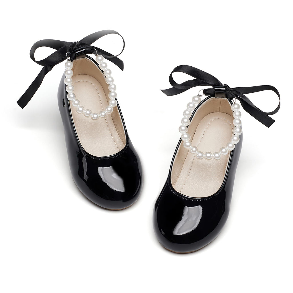 PHIRAMIN Toddler Flower Girl Patent Black Dress Shoes - Little Girl Ballet Flats Size 10 Pearl Wedding Party