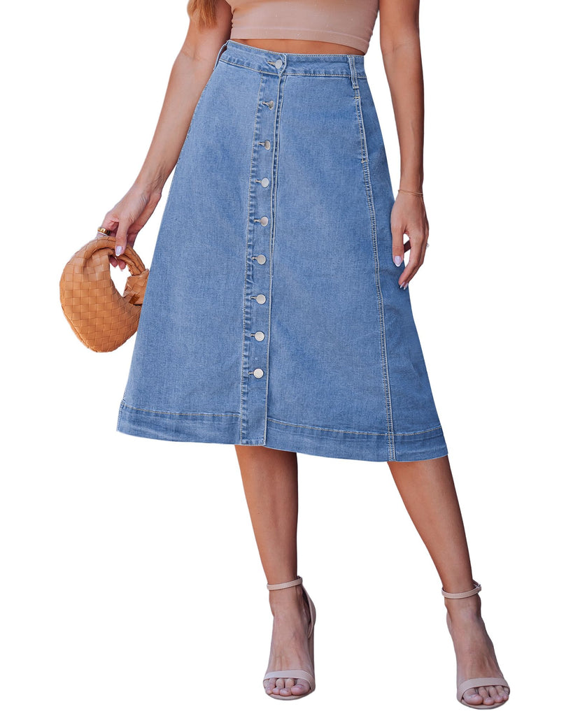 luvamia Jean Skirts for Women Trendy Midi Length A Line Cowgirl Skirt Western A-line Midi Skirts for Women Button Down Ladies Jean Skirt Medium Blue Size Large US 12 to 14