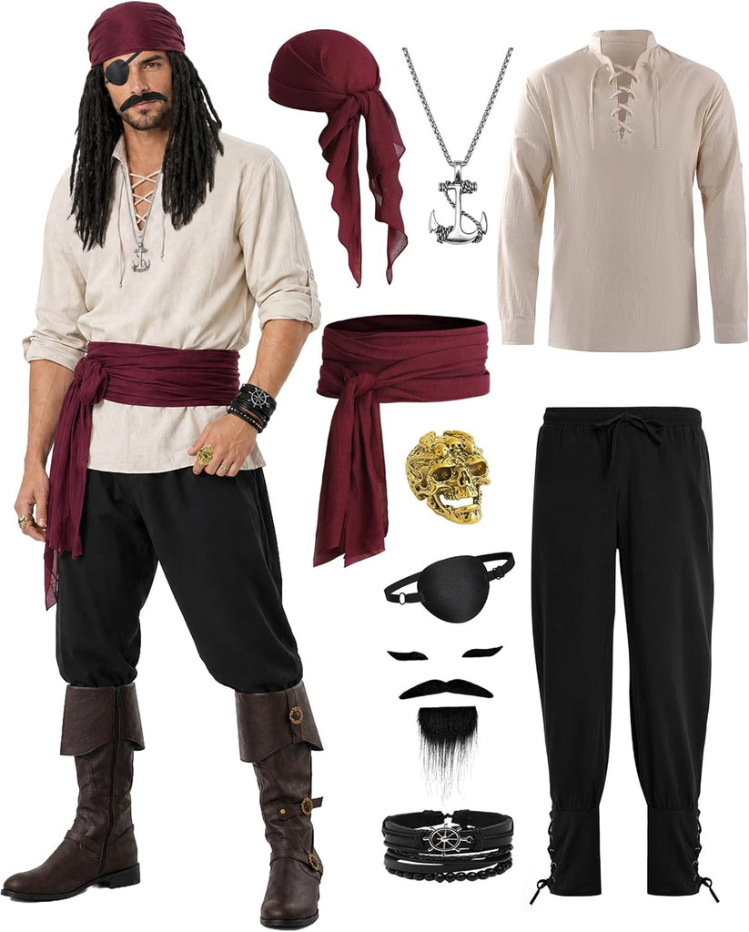 Vanderdyken Disfraz de pirata de 9 piezas para hombre, traje medieval renacentista vikingo con camisa, pantalón y accesorios para Halloween