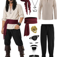 Vanderdyken Disfraz de pirata de 9 piezas para hombre, traje medieval renacentista vikingo con camisa, pantalón y accesorios para Halloween