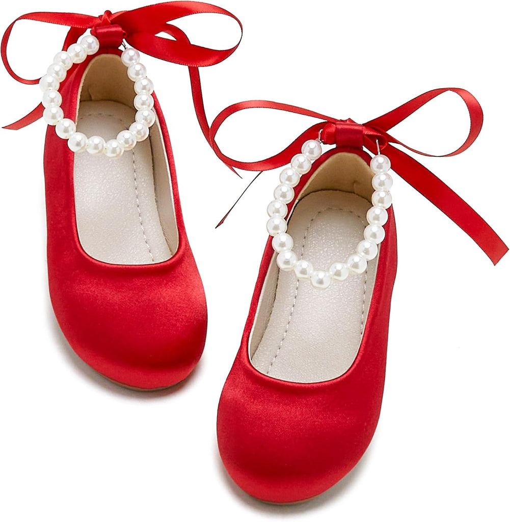 PHIRAMIN Toddler Flower Girl Satin Red Dress Shoes - Little Girl Ballet Flats Size 8 Pearl Wedding Party