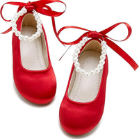 PHIRAMIN Toddler Flower Girl Satin Red Dress Shoes - Little Girl Ballet Flats Size 8 Pearl Wedding Party