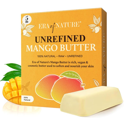 era of nature Organic Unrefined Raw Mango Body Butter Block 8oz - Moisturizing Mango Seed Raw Butter Bar for Skin & Hair, DIY Lip Balm Base, Cream, Soap & Lotion Making Supplies Kit, Personal Skincare