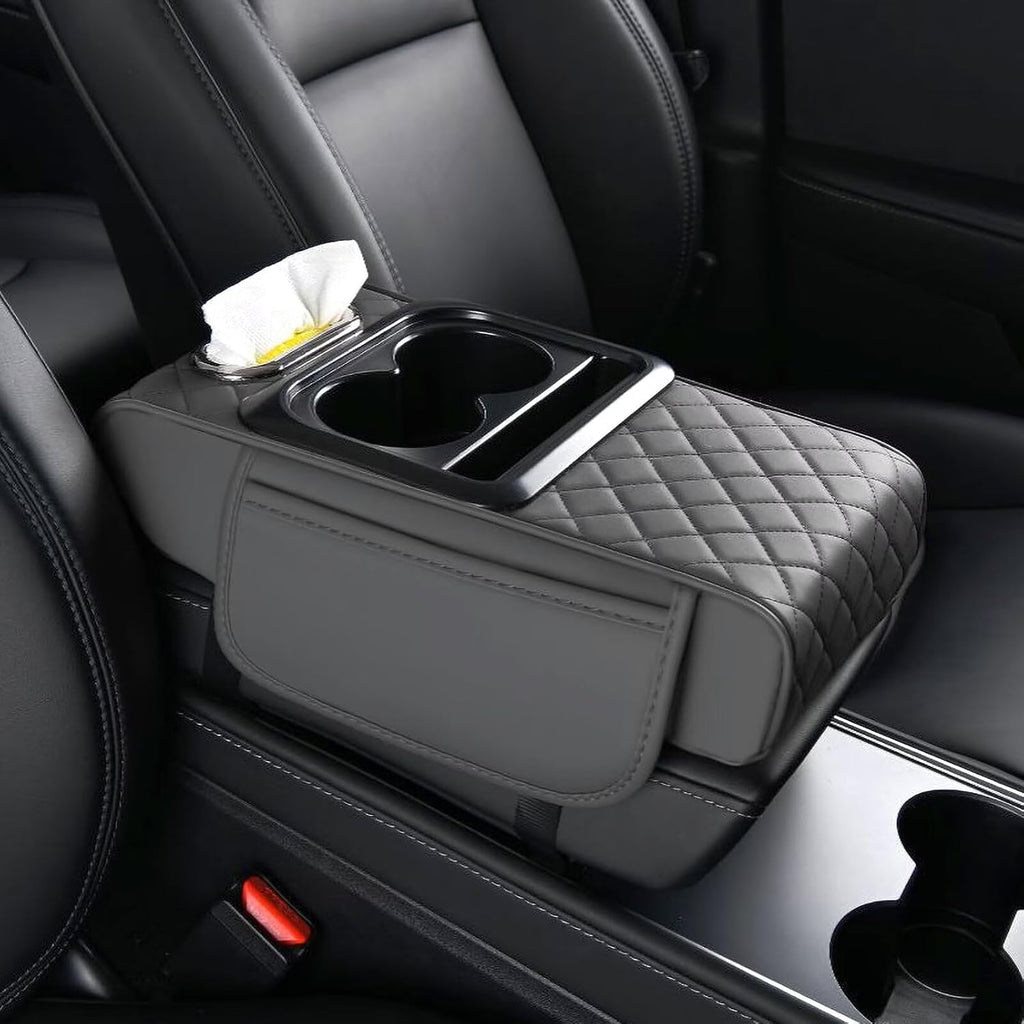 BNMFFYU Car Armrest Cushion Fit for Hyundai Sonata: Fuax Leather Center Console Cover with Cup Holder, 2 Storage Bags, Phone Slot and Tissue Box Slot, Middle Console Organizer(005# Grey)