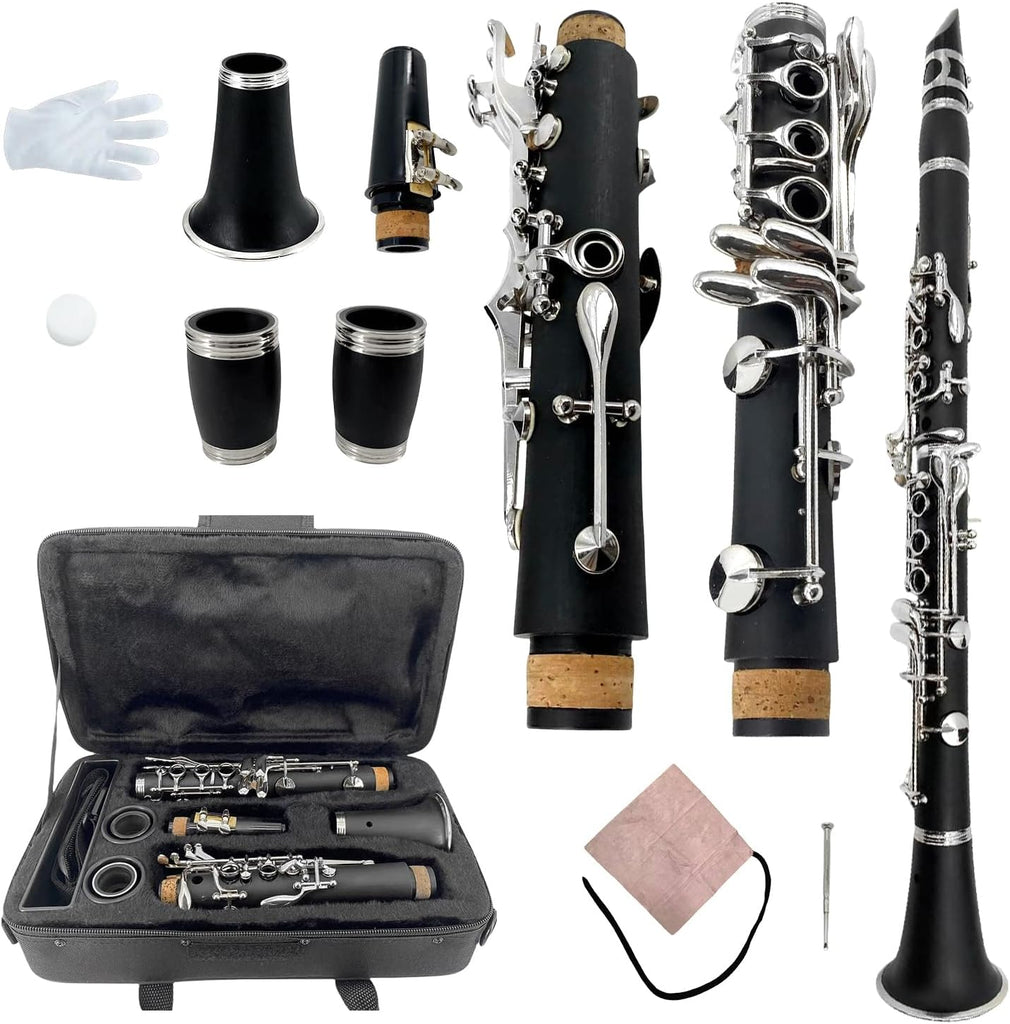 YoungMonic Ebonite C Clarinet with Carry Hard Bag & Care Kits Professional 17 Keys C Tuning Clarinets with 2 Barrels for Beginners & Orchestras Includes Reeds, Mouthpiece, Swab Accessories(k1)