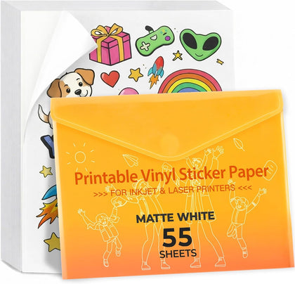 JANDJPACKAGING Printable Vinyl Sticker Paper, Matte White, 55 Sheets