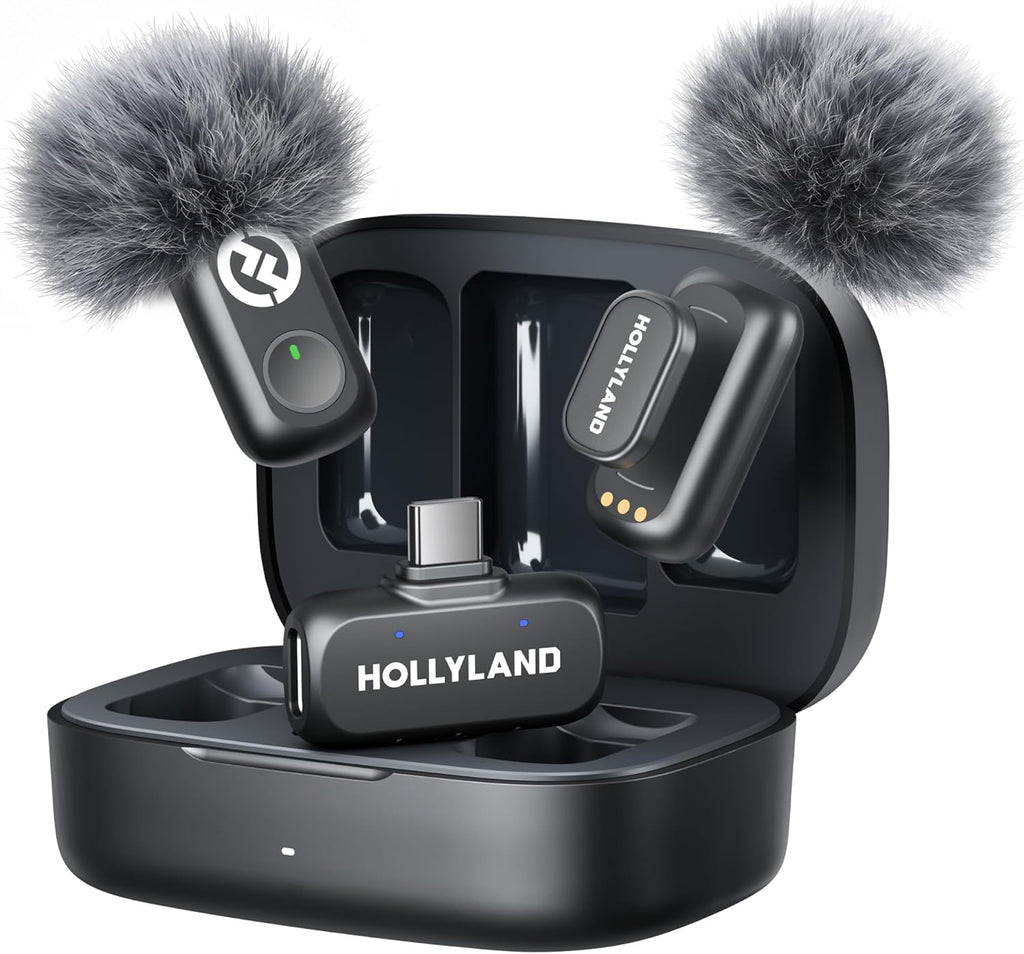 Hollyland Lark A1 Wireless Microphone for iPhone 17/16/15 & Android, 48kHz/24-bit, 3-Level Intelligent Noise Cancel, Mini Mic for YouTube, Podcast, Vlogging (Black, 2TX + USB-C RX + Charging Case)