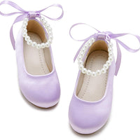 PHIRAMIN Toddler Flower Girl Satin Purple Dress Shoes - Little Girl Ballet Flats Size 8 Pearl Wedding Party