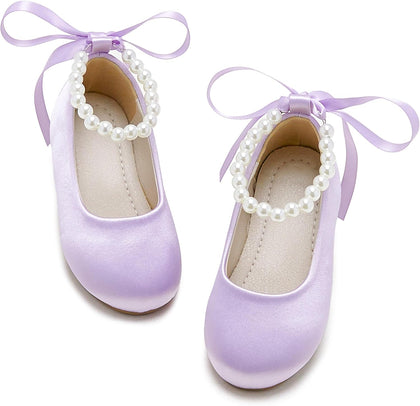 PHIRAMIN Toddler Flower Girl Satin Purple Dress Shoes - Little Girl Ballet Flats Size 8 Pearl Wedding Party