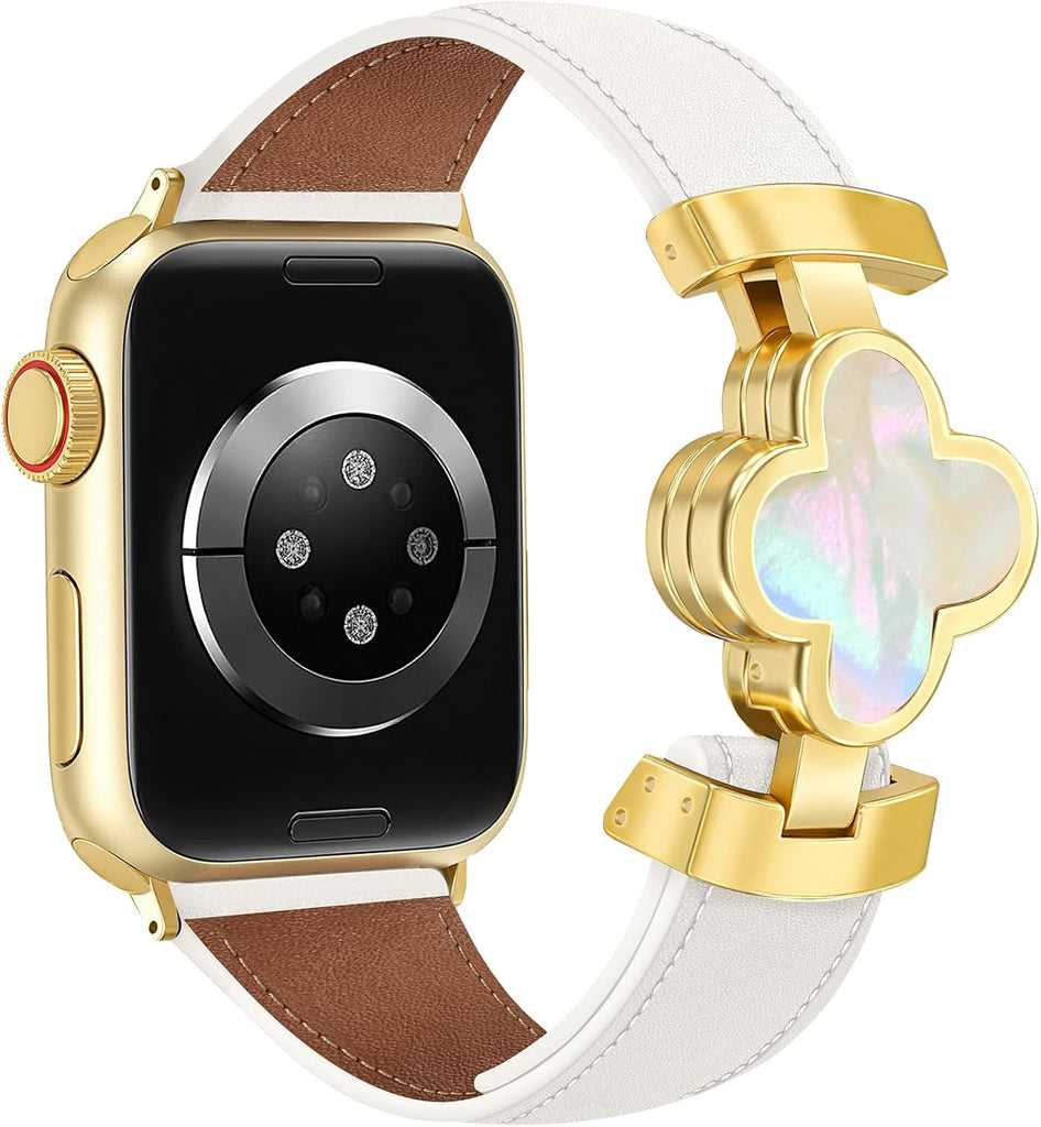 MOINSPIRE Designer Slim Leather Bands Compatible with Apple Watch 42mm(S123)44mm 45mm 46mm 49mm for Women, Four-Leaf Clover Dressy Magnetic Watch Band for iwatch Series Ultra/SE11/10/9/8/7/6/5/4/3/2/1