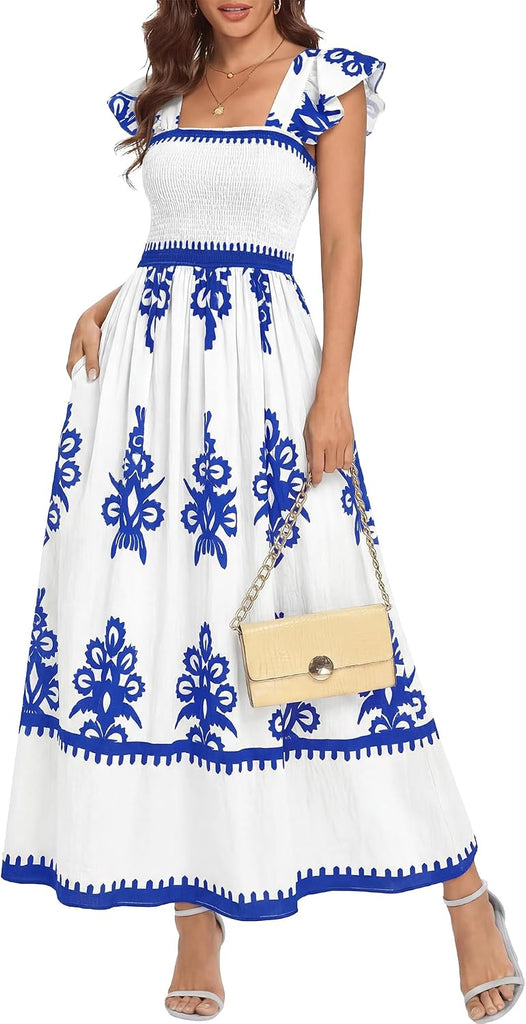 BTFBM Summer Dresses for Women 2026 Casual Floral Boho Sleeveless Square Neck A Line Flowy Beach Maxi Sundress Pockets(White Blue Flower, XX-Large)